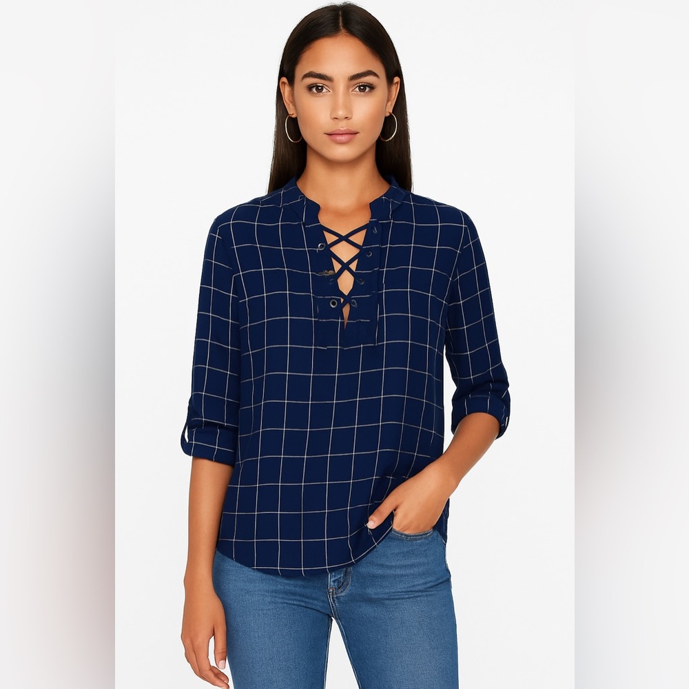 Madewell Navy Blue Window Pane Lave-Up Silk Blouse Size Size Large